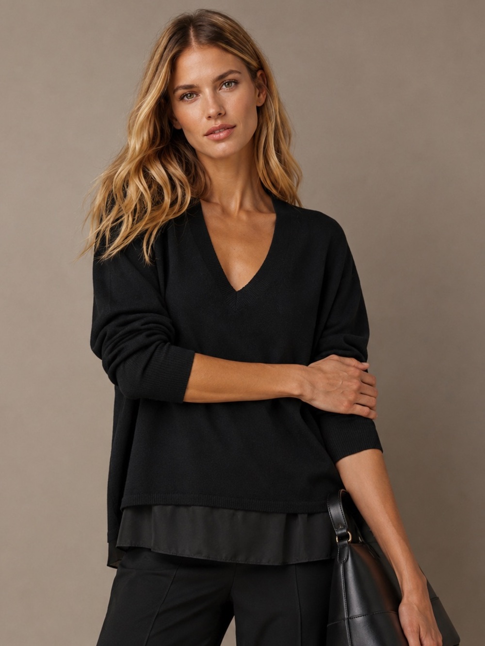 Vince Black V Neck Sweater Silk Hem Mixed Media Pullover Size M